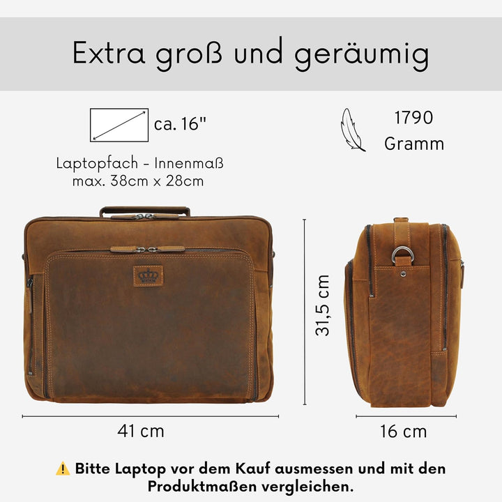 Baur XXL Tasche Echtes Leder | Laptoptasche bis 16 Zoll | Handgefertigte Businesstasche | Aktentasch
