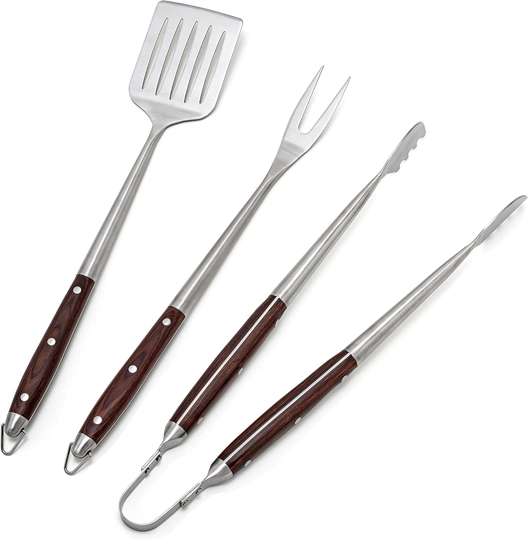 TBS Deluxe Edelstahl Besteck Set mit Holzgriff 3-er Set mit Grillwender, Grillgabel und Grillzange