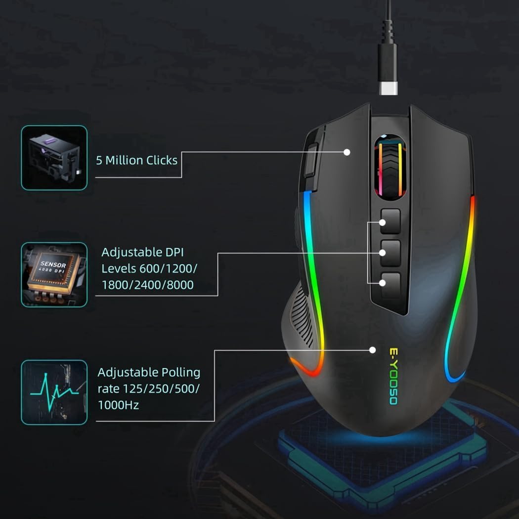 Niceon Gaming Maus kabellos RGB Wiederaufladbare, 9 Programmierbare Tasten, Langer Stunden Akkulaufz