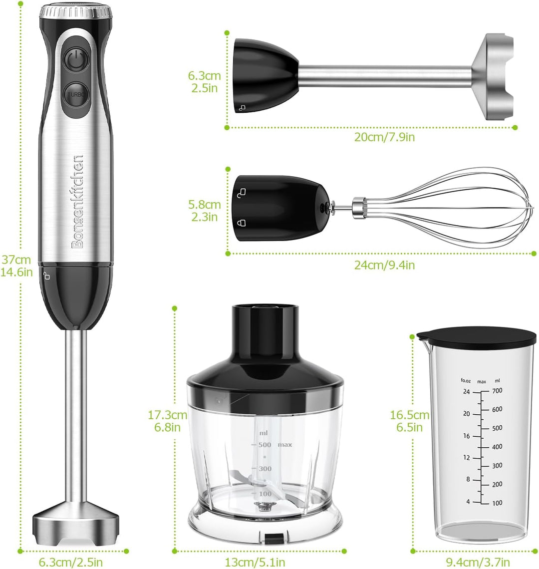 Bonsenkitchen Pürierstab, 4-en-1 Stabmixer Elektrischer, 1000W Stufenlos Geschwindigkeiten, Edelstah