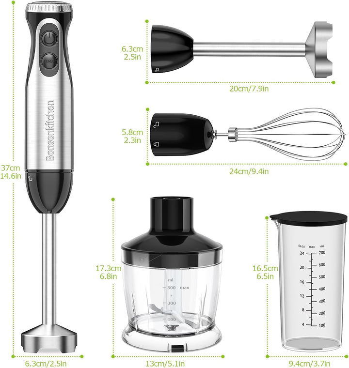 Bonsenkitchen Pürierstab, 4-en-1 Stabmixer Elektrischer, 1000W Stufenlos Geschwindigkeiten, Edelstah