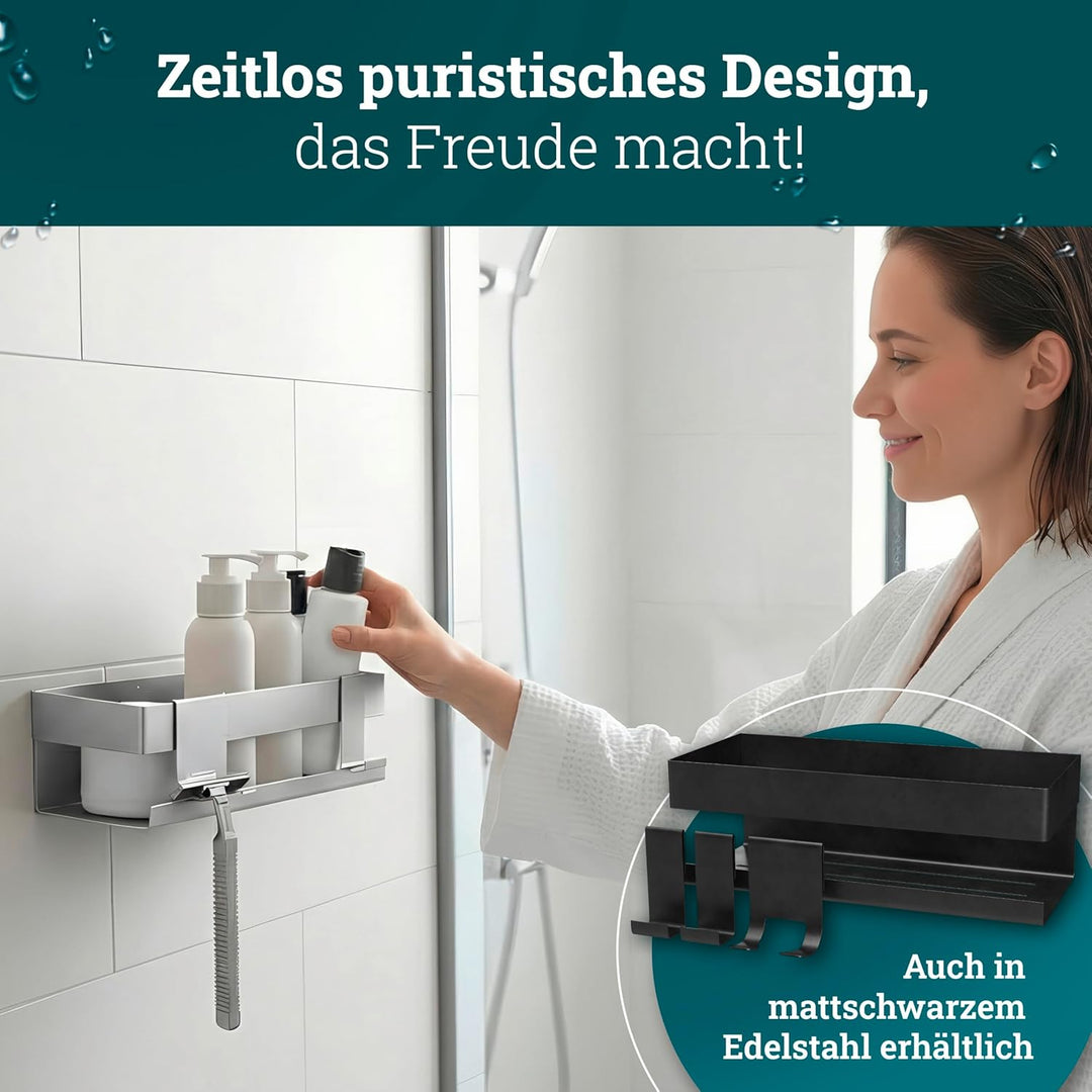 husman® Duschablage ohne Bohren | Edelstahl gebürstet | mit Ablaufrillen & 3 Haken | Kleben statt Bo