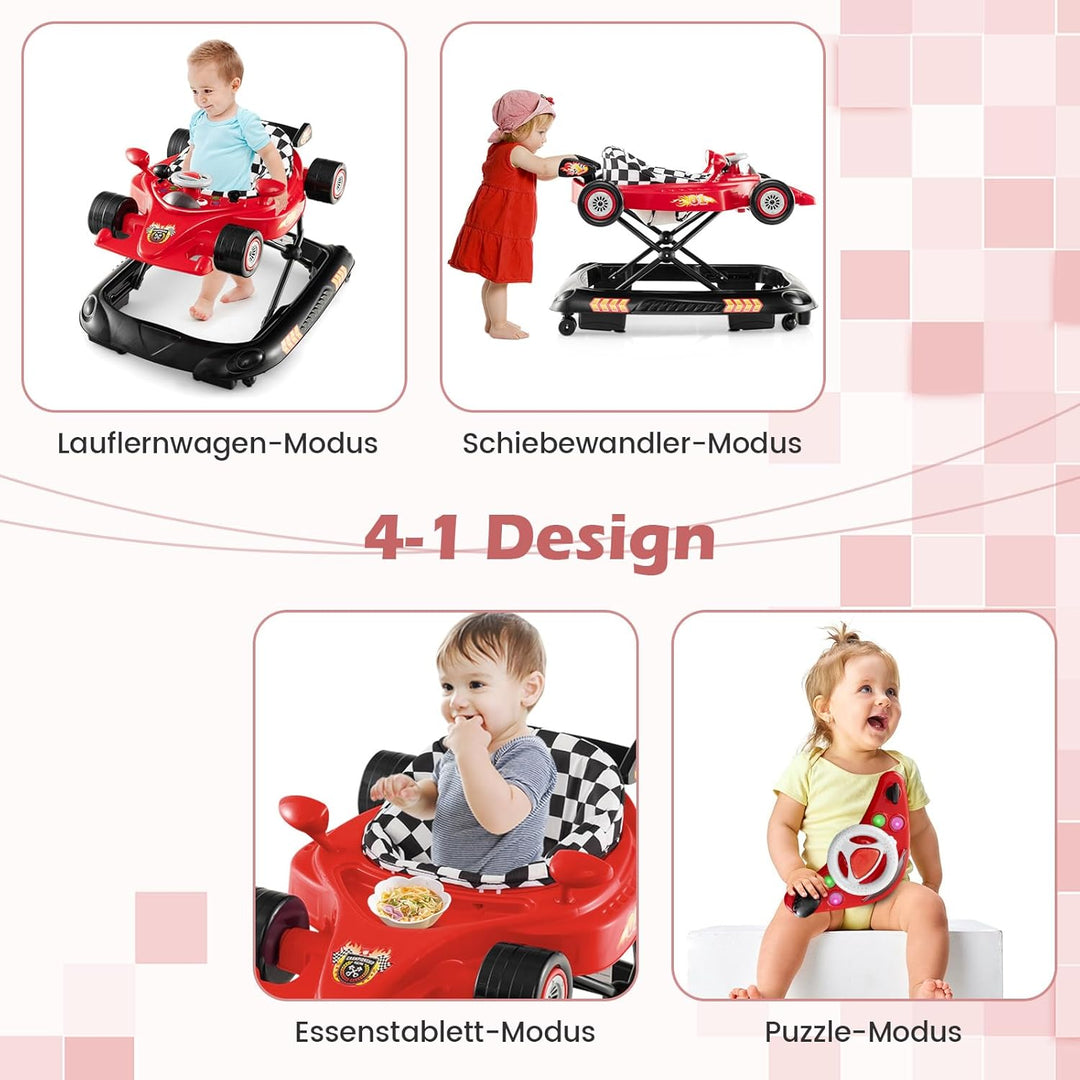 DREAMADE Lauflernwagen Klappbar, Rennauto-Motiv Lauflernhilfe mit 3 Einstellbaren Höhen, Abnehmbarem