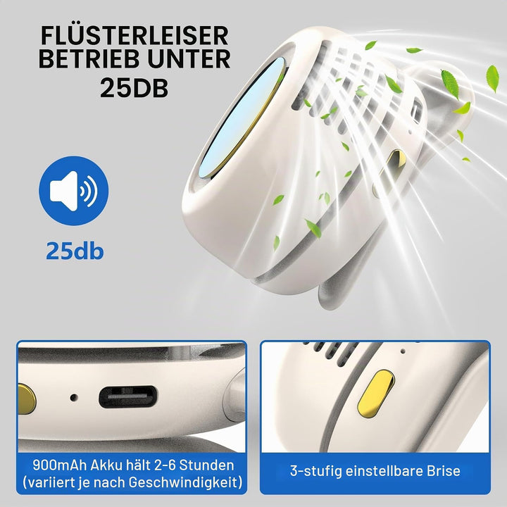 Mini Flügelloser Clip-Ventilator mit 360°, Drehung - Tragbarer USB-C Wiederaufladbarer Hals Taillenv