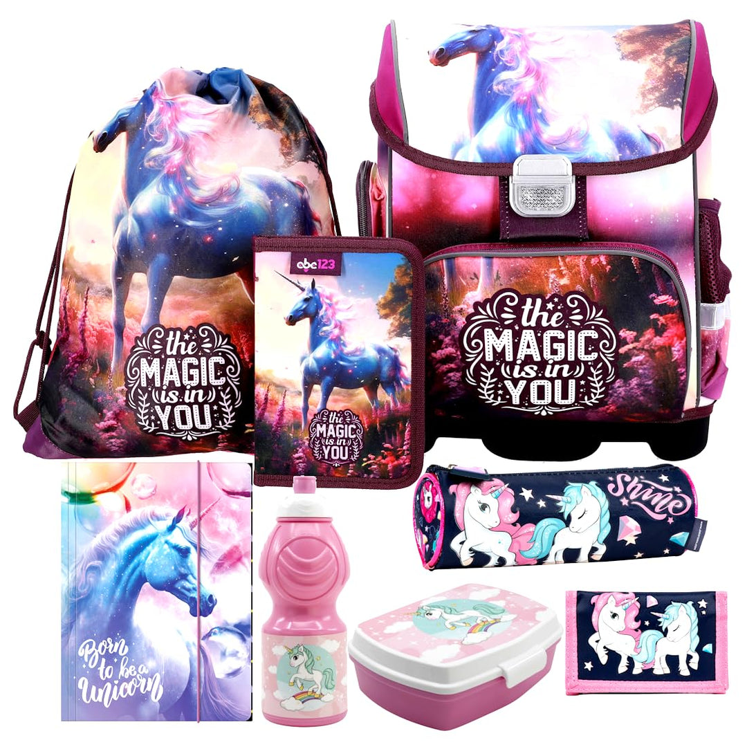 Einhorn Unicorn Pferd Pony Horse 9 Teile Set Schulranzen Schultasche Ranzen Tornister Federmappe Sch