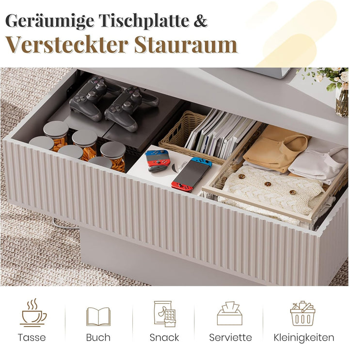 38,2" Lift-Top-Couchtisch mit Stauraum und LED-Beleuchtung, Moderner geriffelter Massivholz-Couchtis