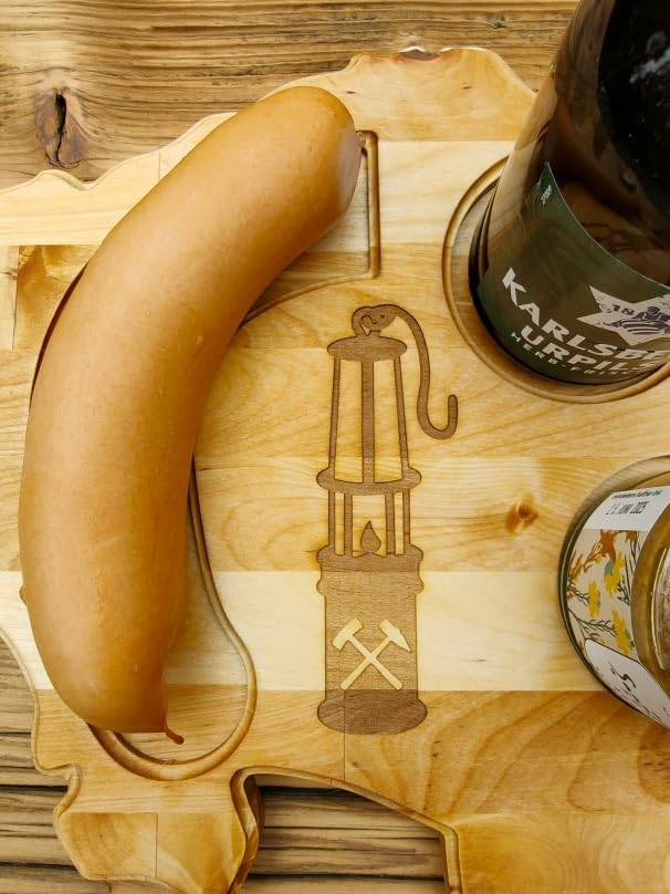 Saarlandbrett aus Holz mit Senf, Frühstücksbrettchen im Bergmann Stil, Geschenkidee aus dem Saarland