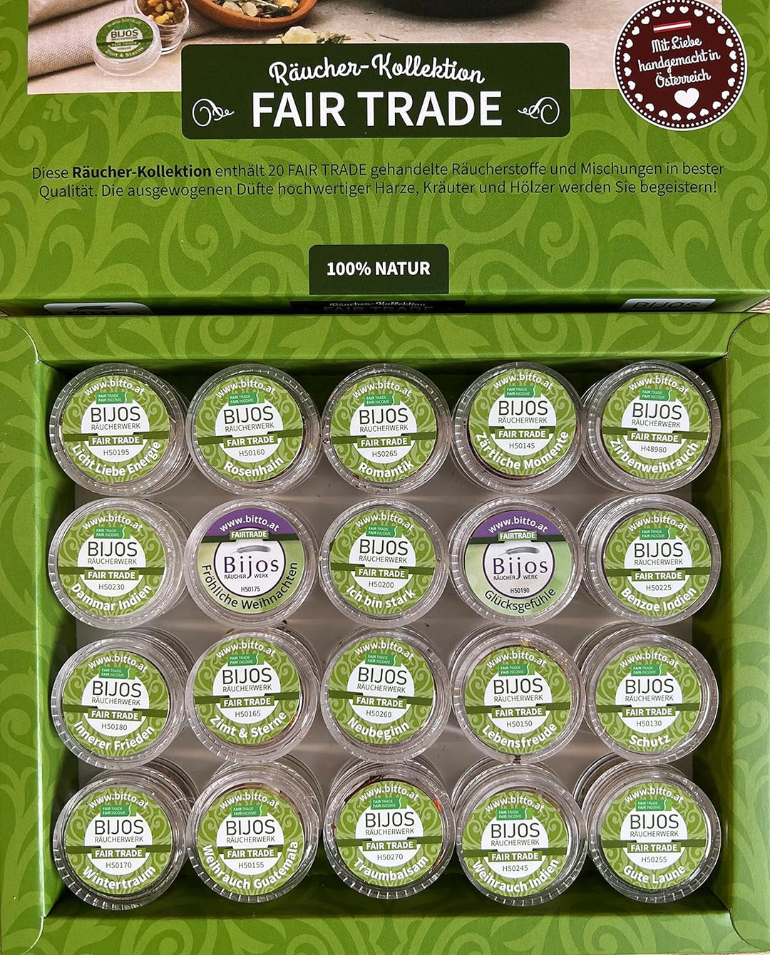 Bijos Räucherwerk Sortimentsbox Fair Trade, gefüllt mit 20 der beliebtesten Räucherwerk und Entspann
