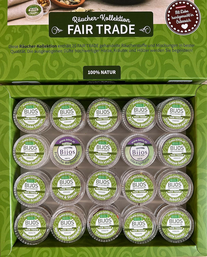 Bijos Räucherwerk Sortimentsbox Fair Trade, gefüllt mit 20 der beliebtesten Räucherwerk und Entspann
