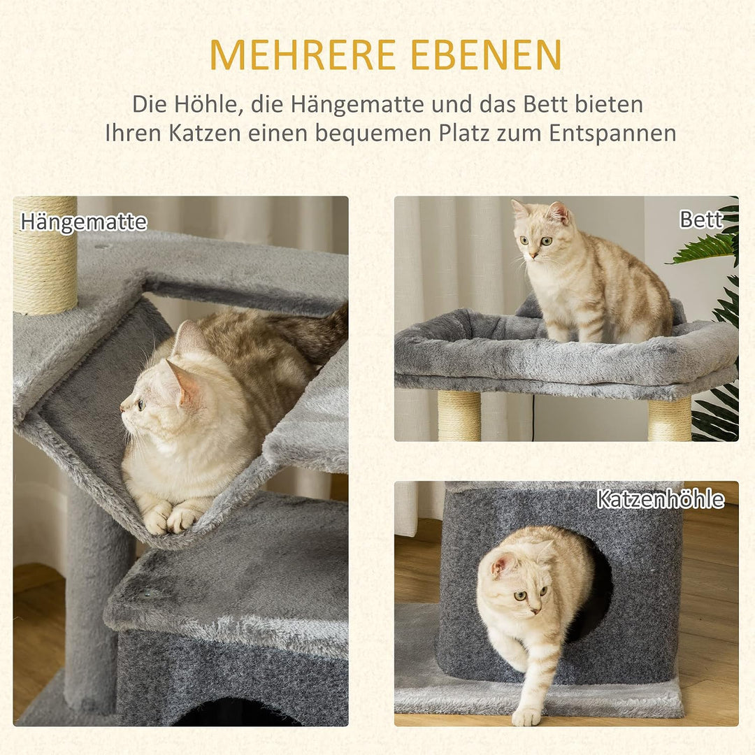 PawHut Kratzbaum 90 cm mit Hängematte für Katzen unter 4 kg Grau | Katzenturm, Höhle, 2 Plüschballen