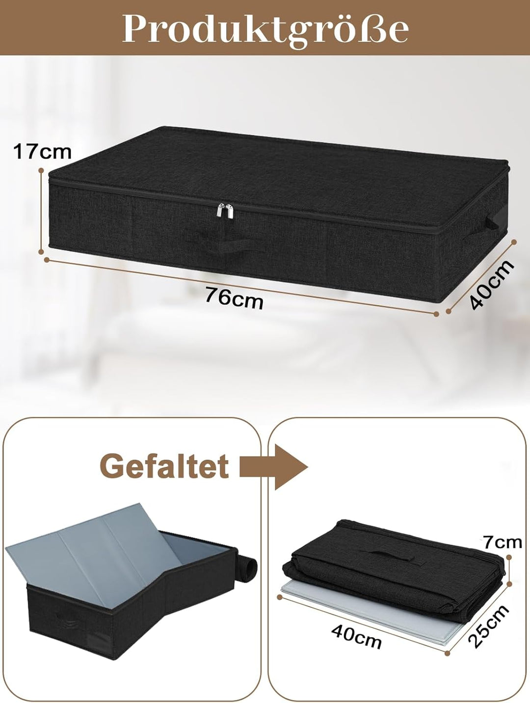 mepure Unterbett Aufbewahrungsbox 3 er Pack – 50L Faltbare Unterbettkommode mit Deckel & Doppelreiss