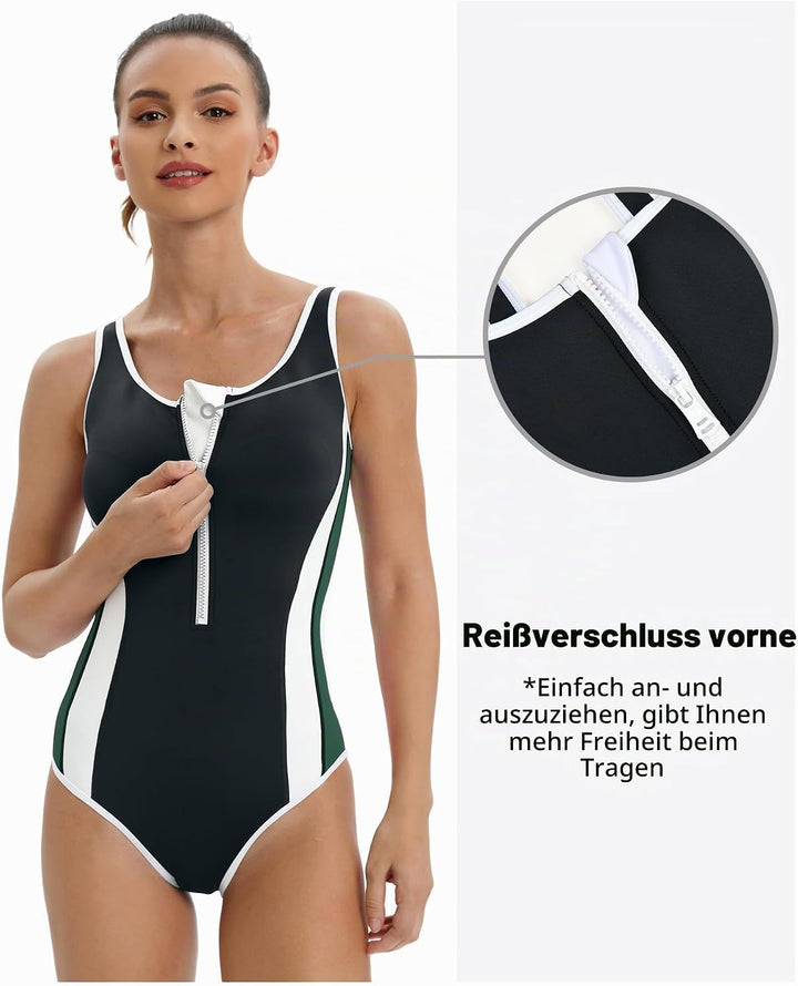 Veranobreeze Damen Sport Badeanzug Racerback Schwarz Sport Bademode 40 Dunkelgrün/Schwarz, 40 Dunkel