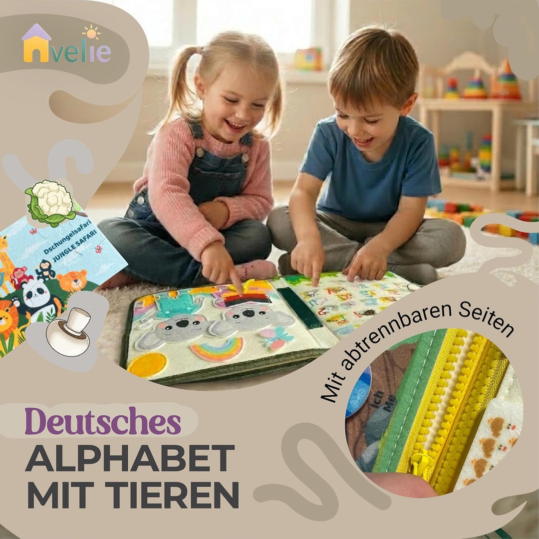 Avelie Montessori Busy Board mit Schultergurt – Filz Motorikspielzeug ab 3 Jahren – Deutsche & Engli