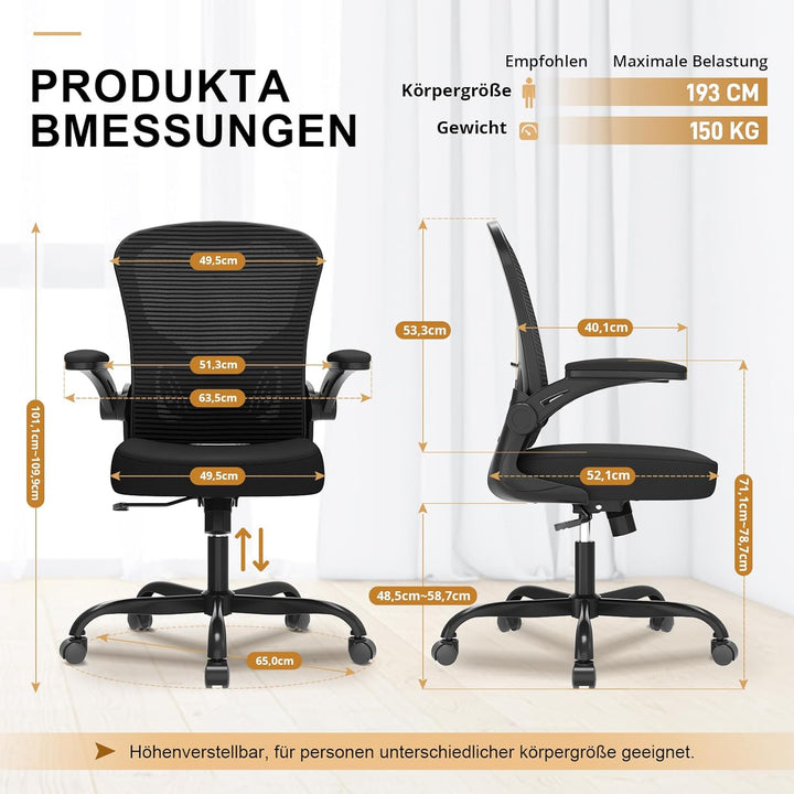 Synorla Bürostuhl Ergonomisch, Schreibtischstuhl mit Tragkraft 150 KG und 90° Hochklappbare Armlehne