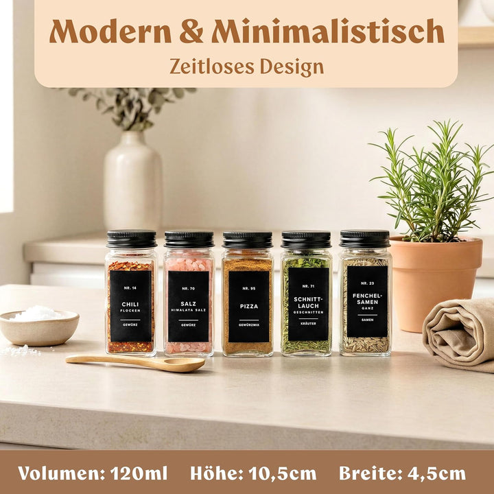 EDELHAUS® Gewürzgläser Eckig 120ml (24 Stk) Gewürzdosen mit 240 Gewürzetiketten, 24 Gewürzstreuer/St
