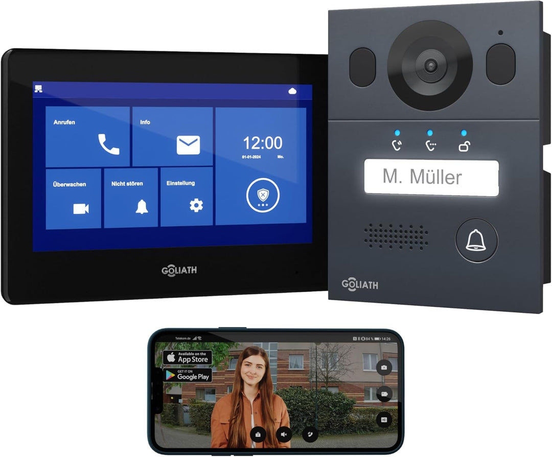 Goliath Basic Video Türsprechanlage, 2 Draht Bus, 7 Zoll Monitor, Aufputz Türklingel mit Kamera, Geg