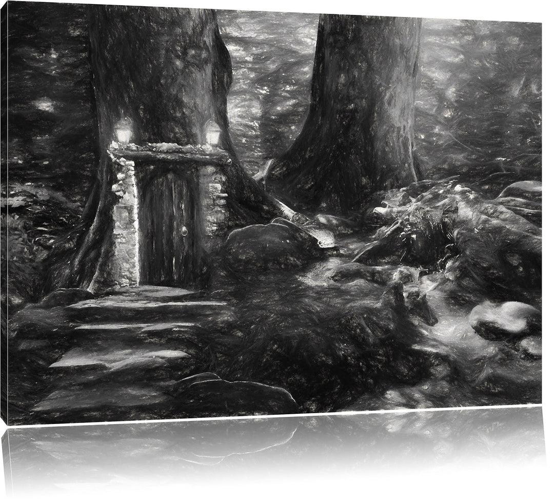 Pixxprint Geheimes Tor im Wald Kunst / 100x70cm Leinwandbild bespannt auf Holzrahmen/Wandbild Kunstd