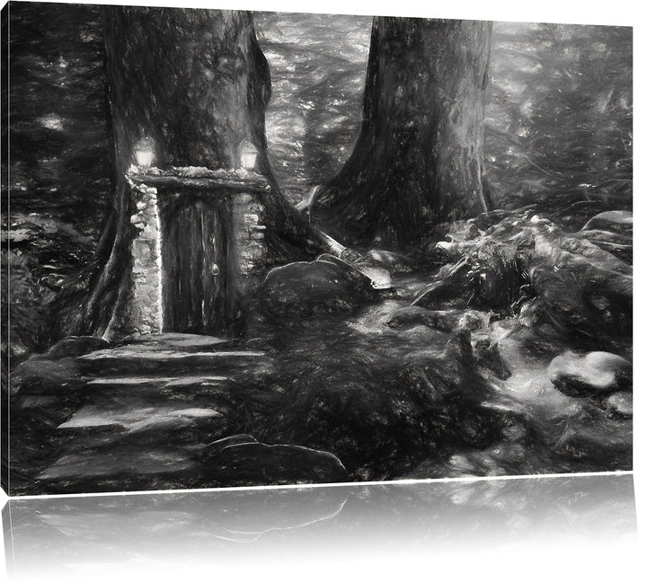 Pixxprint Geheimes Tor im Wald Kunst / 100x70cm Leinwandbild bespannt auf Holzrahmen/Wandbild Kunstd