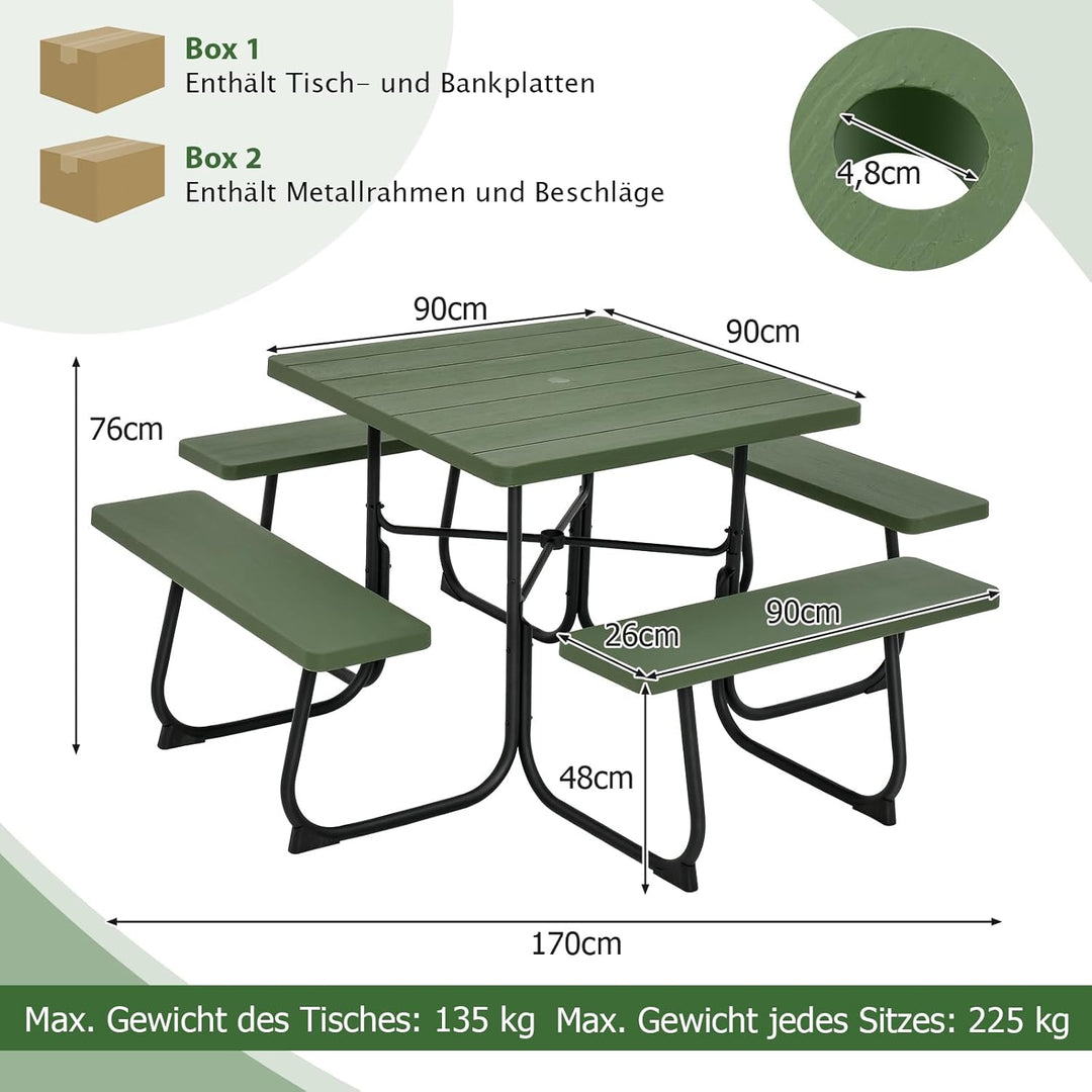 COSTWAY Sitzgarnitur für 8 Personen, Picknicktisch mit Schirmloch & 4 Bänken, quadratischer Gartenti