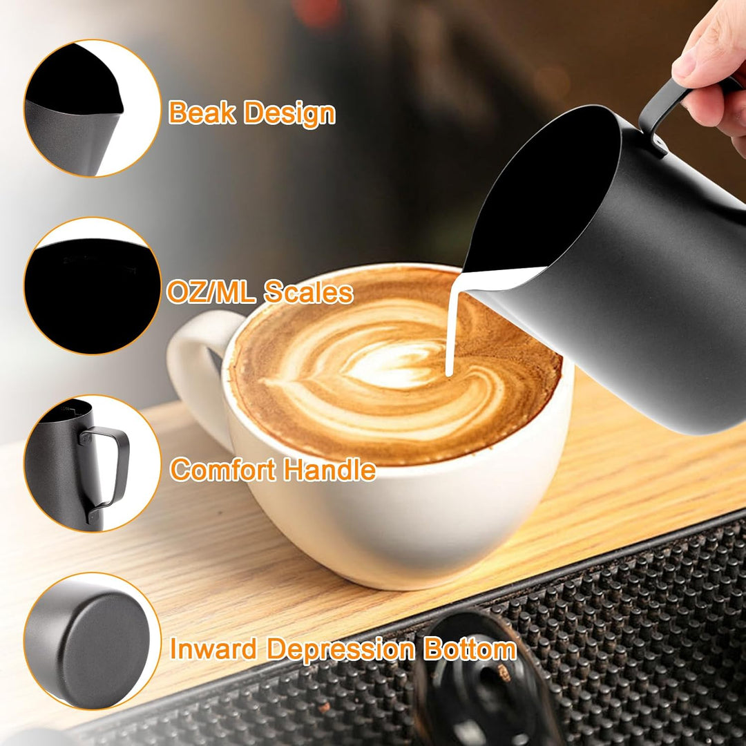 APACALI 2 Stück Milchkännchen Edelstahl Schwarz, Barista Milchschaumkännchen mit Messung Mark und La