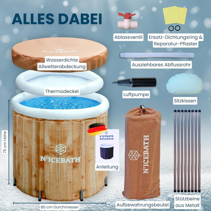 N'ICEBATH Eisbad RefreshPod 80 cm Ø x 75 cm in Holz-Optik - Eisbaden Tonne - faltbare Eisbadewanne f