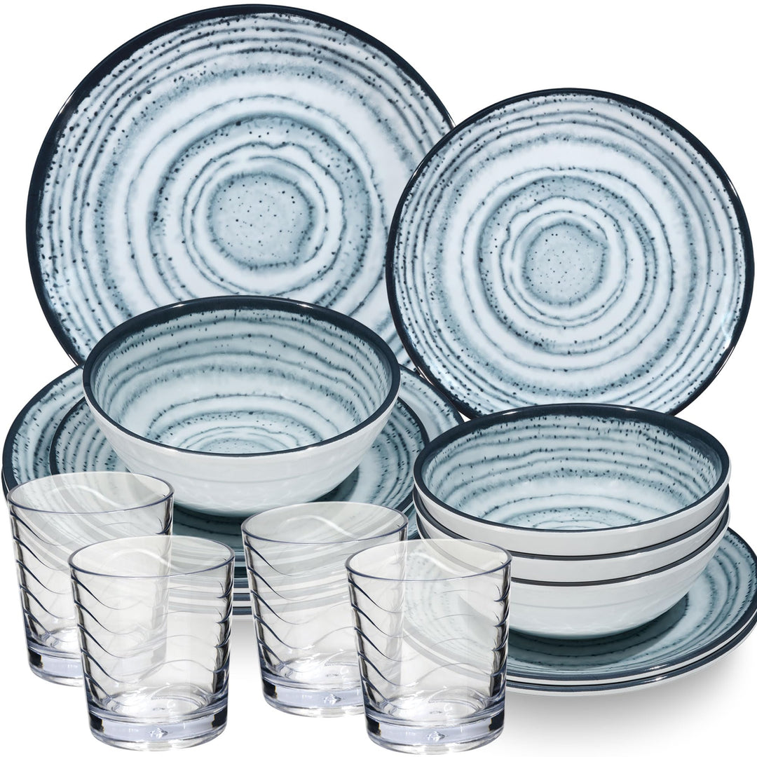 Melamin Geschirr Set Schiefer 4 Personen Blau Wohnwagen Camping Picknick 16 Teile - Trinkglas 250ml