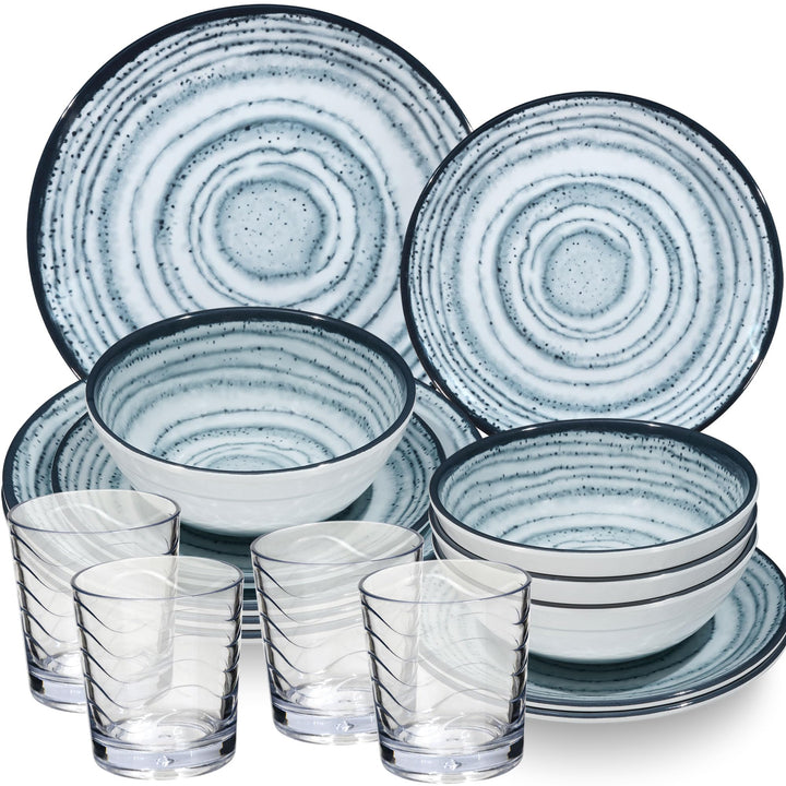 Melamin Geschirr Set Schiefer 4 Personen Blau Wohnwagen Camping Picknick 16 Teile - Trinkglas 250ml