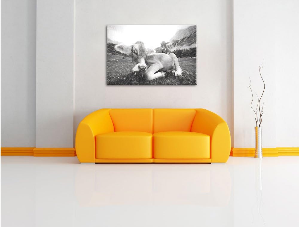 Pixxprint Almkuh in den Bergen Kunst / 100x70cm Leinwandbild bespannt auf Holzrahmen/Wandbild Kunstd