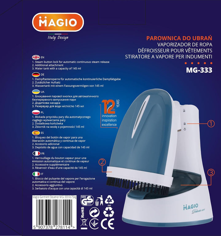 MAGIO Hand-Dampfglätter 1500W – Steamer | Tragbares und klappbares Design | Starker Dampf 20 g/min|