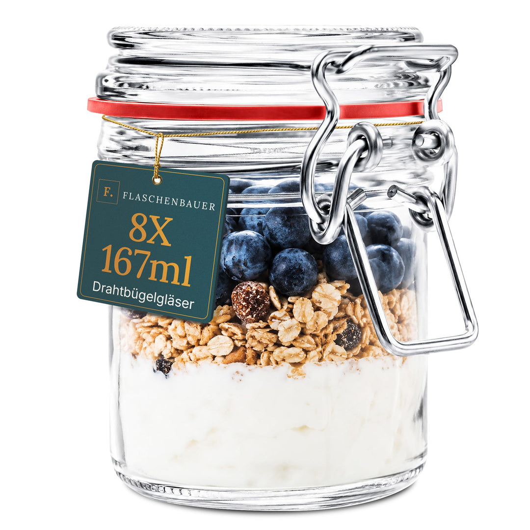 Flaschenbauer - 8 kleine Drahtbügelgläser 167 ml, verwendbar als Einmach- und Fermentierglas, zur Au