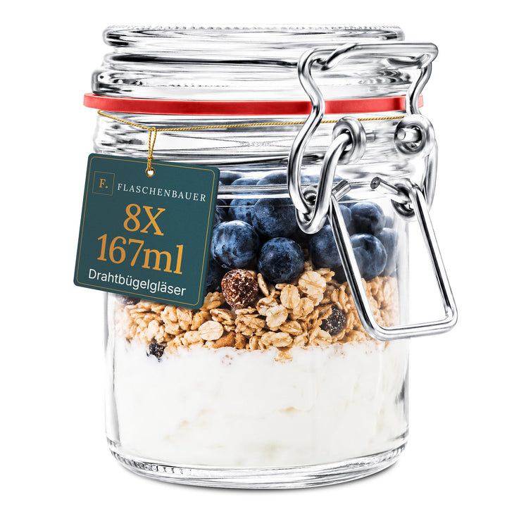 Flaschenbauer - 8 kleine Drahtbügelgläser 167 ml, verwendbar als Einmach- und Fermentierglas, zur Au