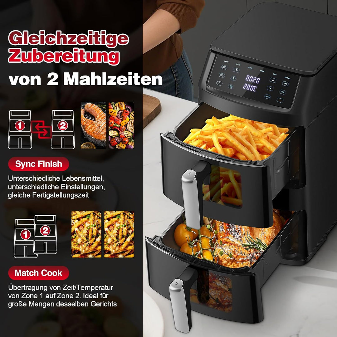 TopStrong Doppelkammer Heissluftfritteuse, 2500W Vertikale Double Stack Airfryer 2 Kammern mit Sicht