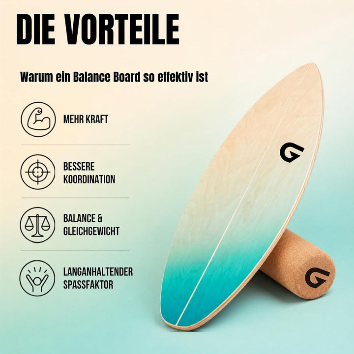 Glory Boards® Balance Board – Handmade - 100% Birkenholz - Inklusive Korkrolle - Optimal für Gleichg