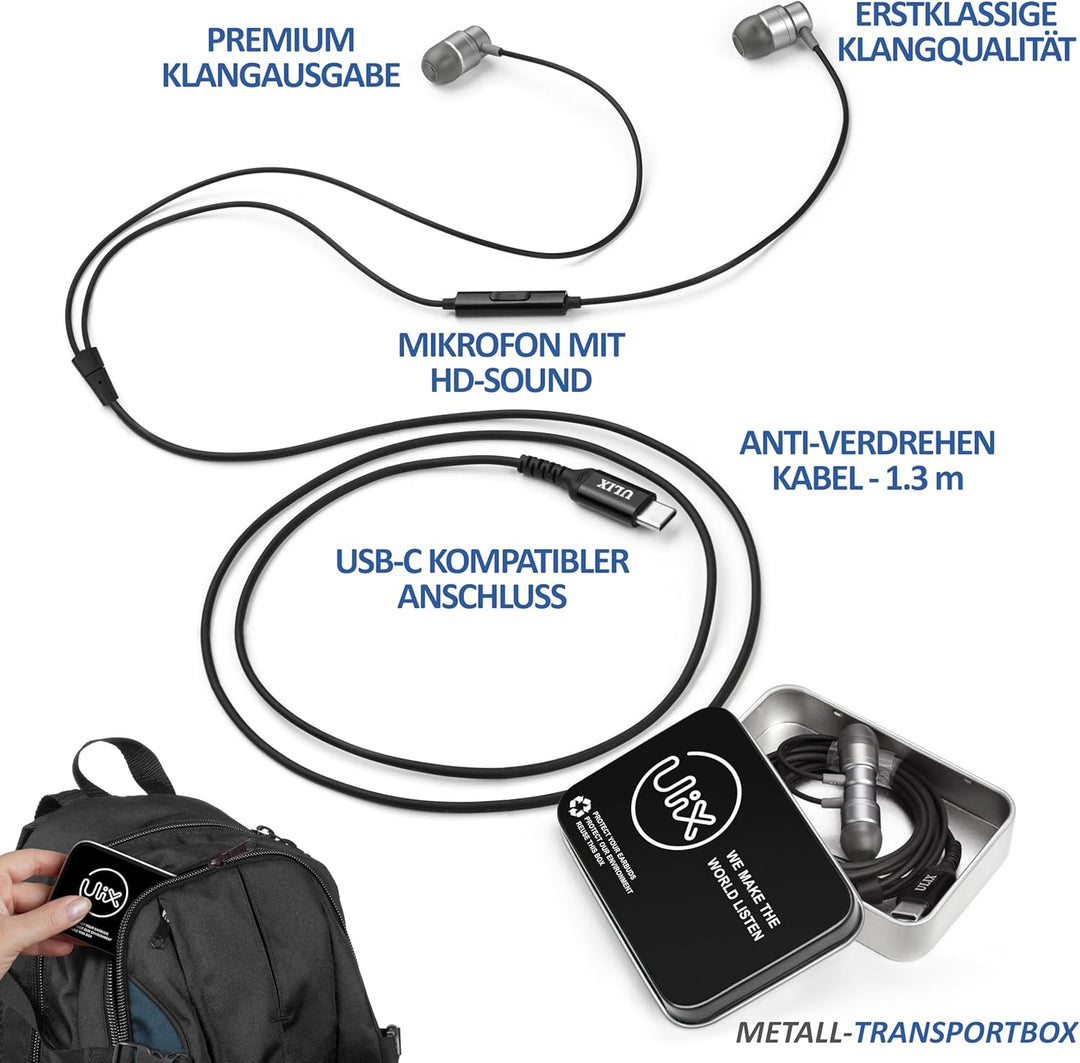 UliX Rider USB C Kopfhörer, 5 Jahre Garantie für iPhone 16 15 Pro Max Plus Samsung Galaxy S24 S23 Ul