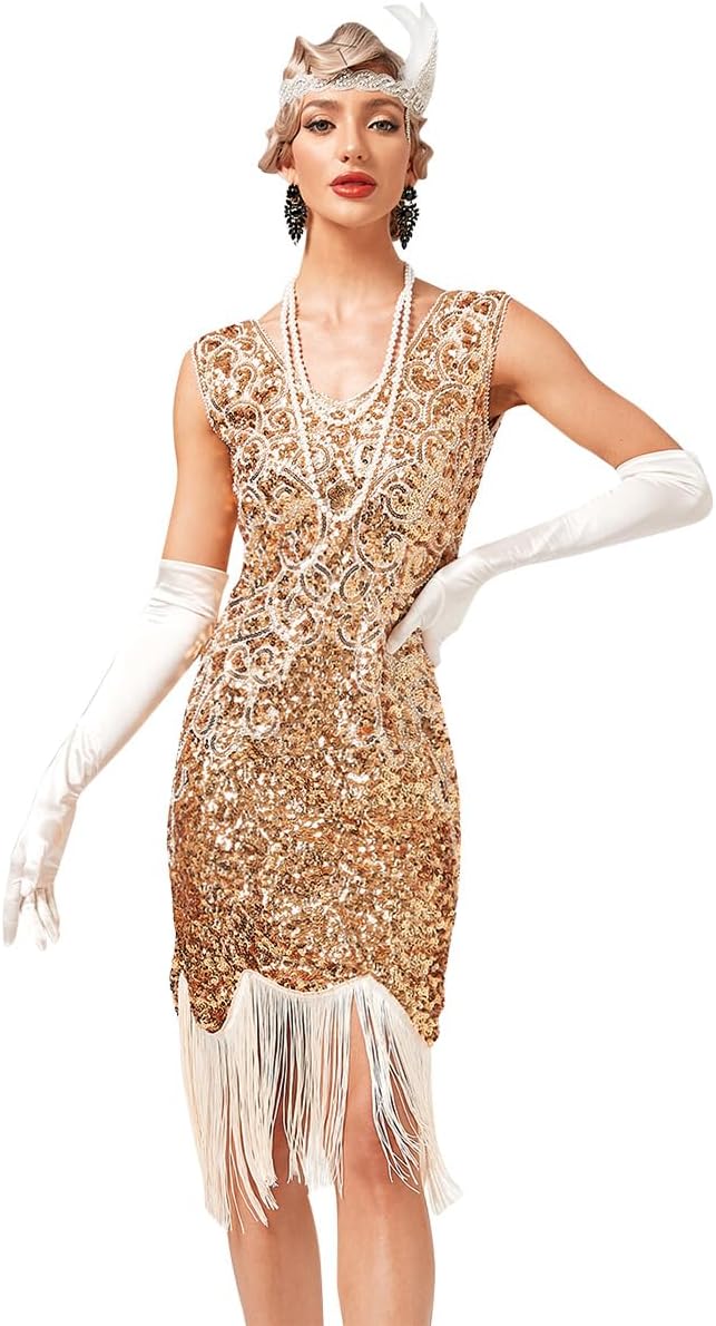 FYMNSI Damen 1920er Jahre V-Ausschnitt Pailletten Fransen Kleid Flapper Charleston Kleider Cocktailk