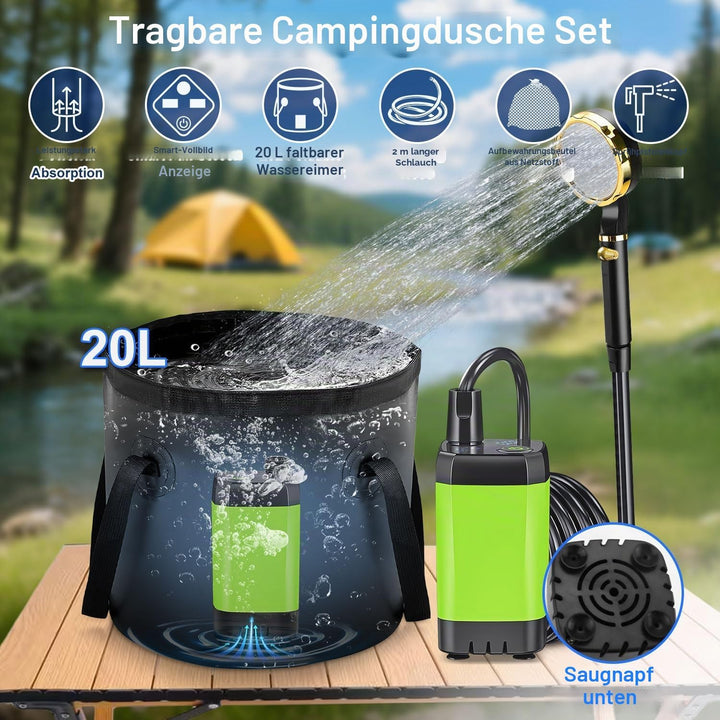 Anesty Tragbare Campingdusche Set, 6000mAh Wiederaufladbar Camping Duschen Pumpe mit Smart-Display,