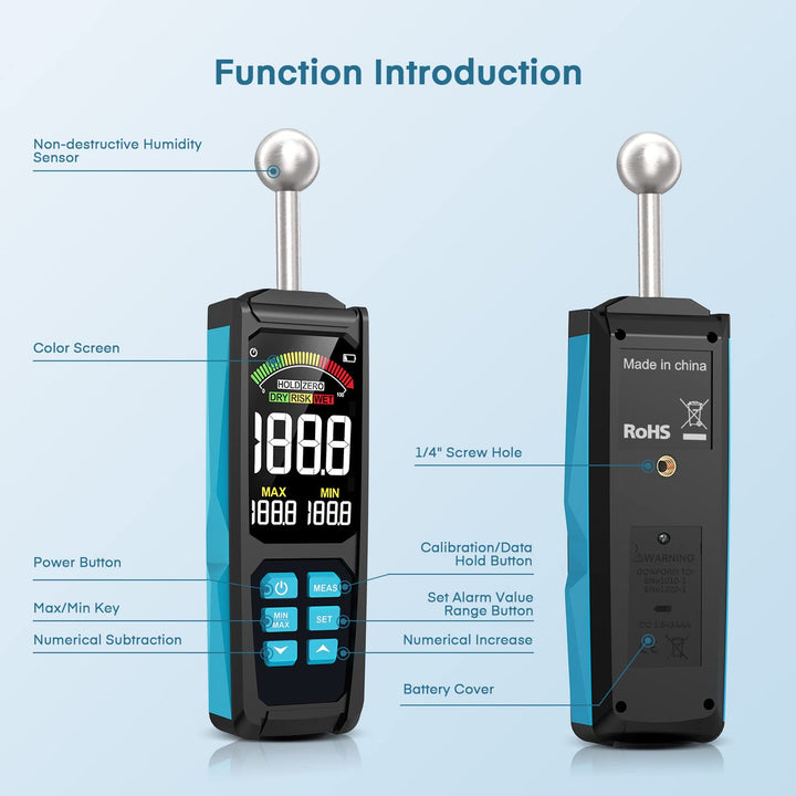 Feuchtigkeitsmessgerät, DURFICST 3-Zoll-HD-Farb-Grossbild-Feuchtemessgerät mit Stoffbeutel, 20-40 mm