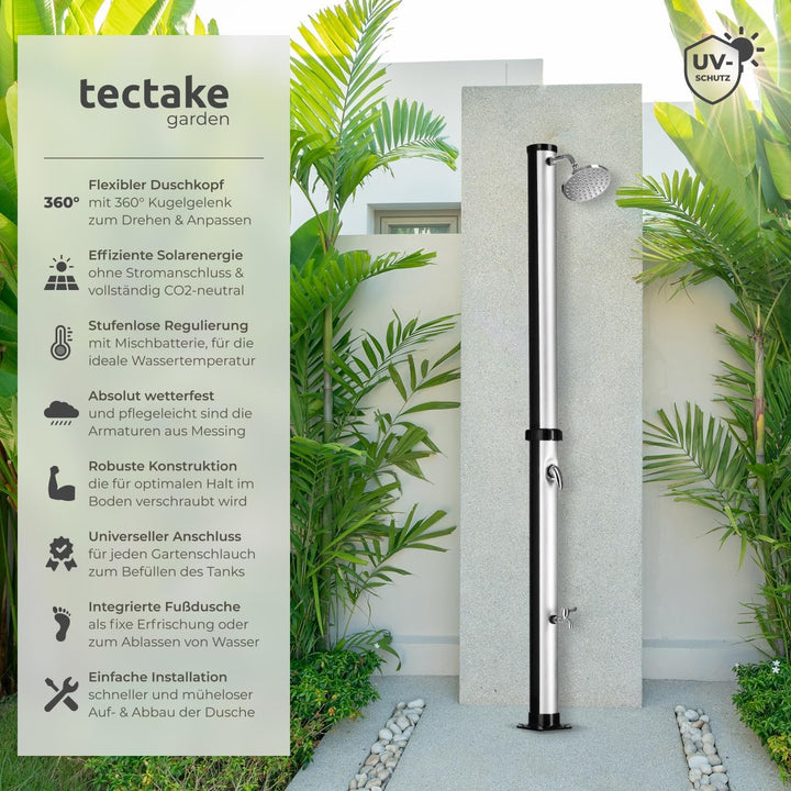tectake® Gartendusche mit Duschkopf gross und Wasserhahn für Füsse, Solardusche 20l, solar Shower Au