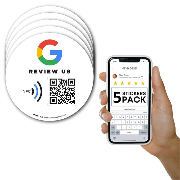 Wiederverwendbare Rezensions-Aufkleber für Google-Rezensionen, 5-Aufkleber-Packung, QR & Tap NFC-Auf