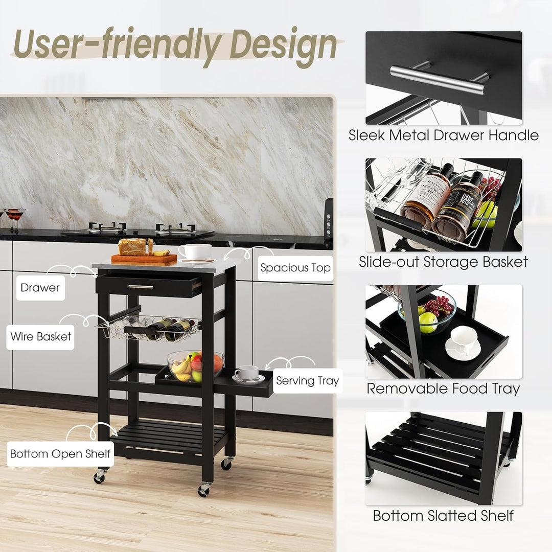 KOMFOTTEU Servierwagen mit Edelstahl Arbeitsplatte, Küchenwagen Klein, Rollwagen mit Schublade & Abl