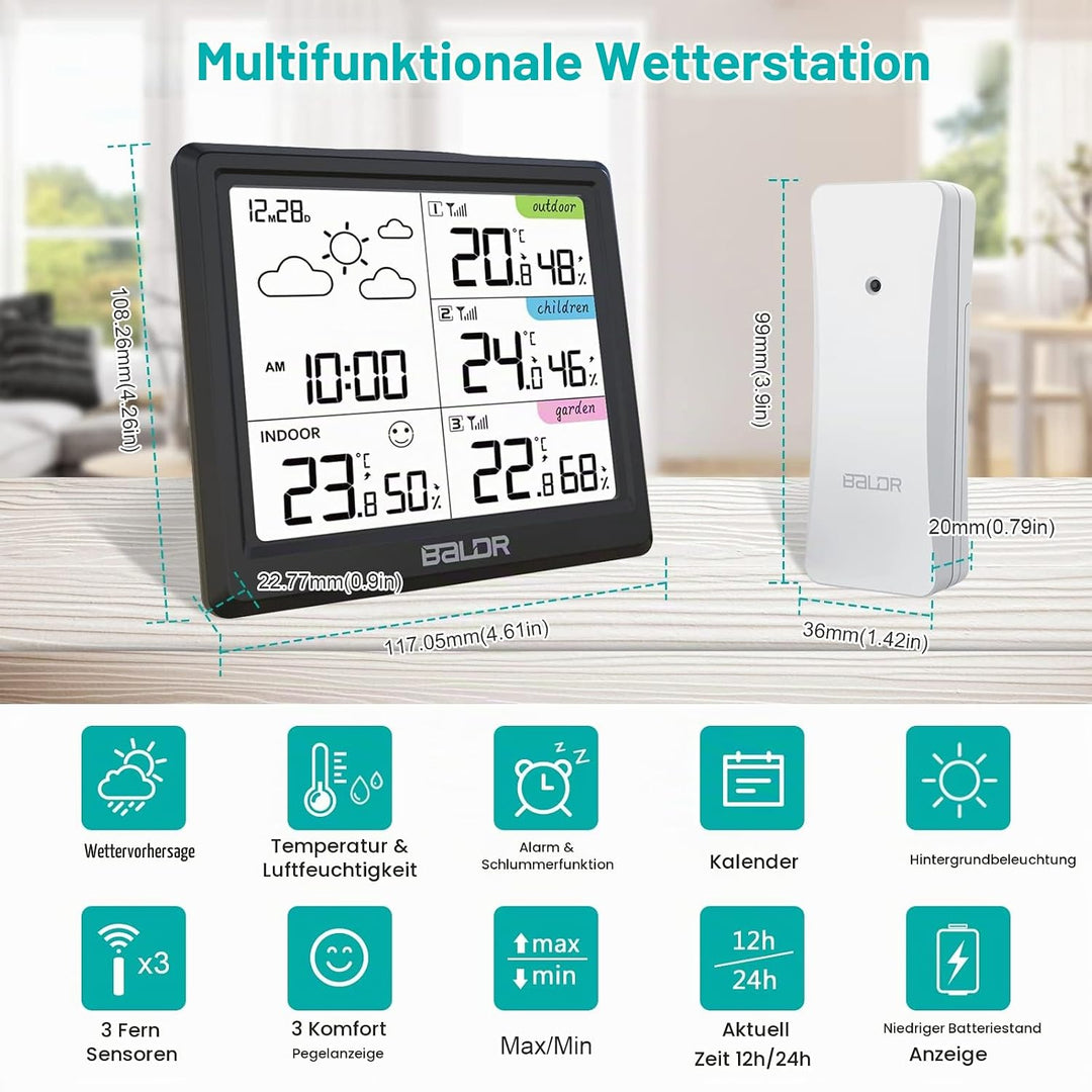 LEVIPE Wetterstation Funk mit 3 Aussensensor, Digitale Funkwetterstation mit Innen Aussen Temperatur