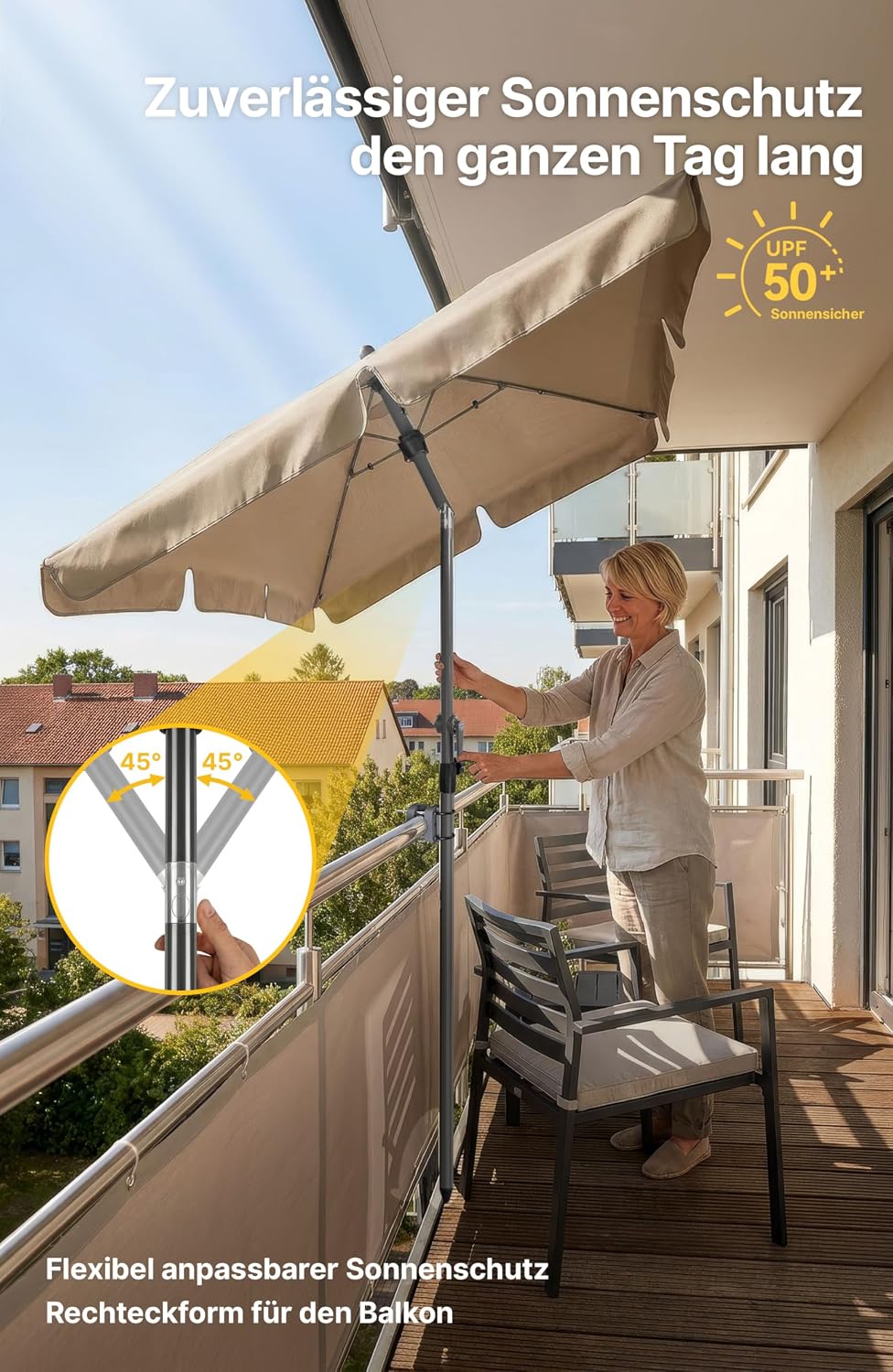 4smile SunnyShade Sonnenschirm Balkon mit Halterung im 3-er-Set, UV 50+, 200x125 cm, Taupe, für Balk