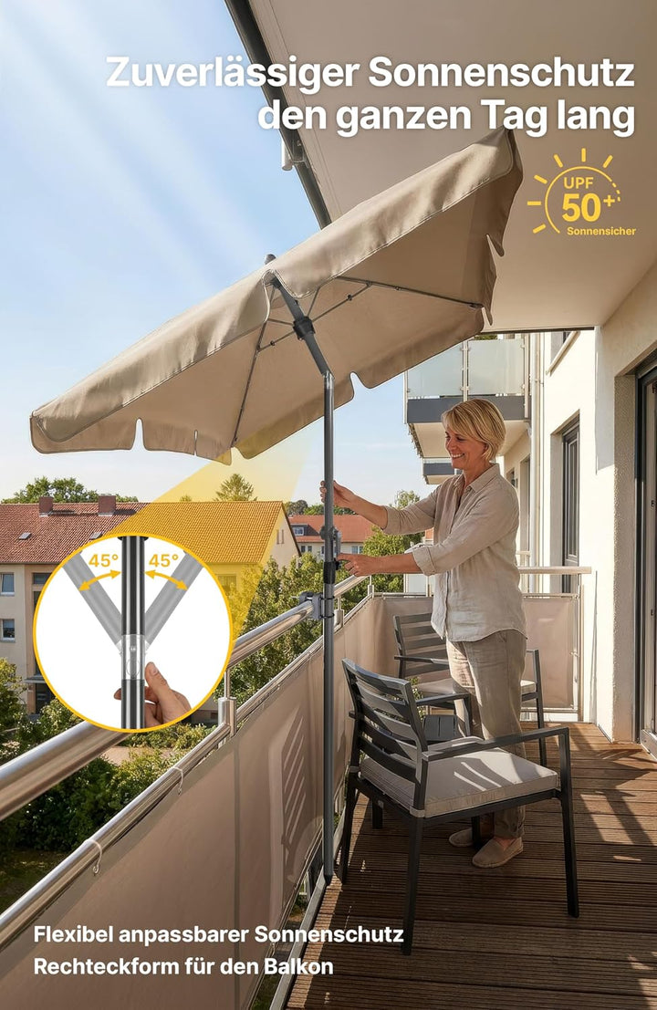 4smile SunnyShade Sonnenschirm Balkon mit Halterung im 3-er-Set, UV 50+, 200x125 cm, Taupe, für Balk
