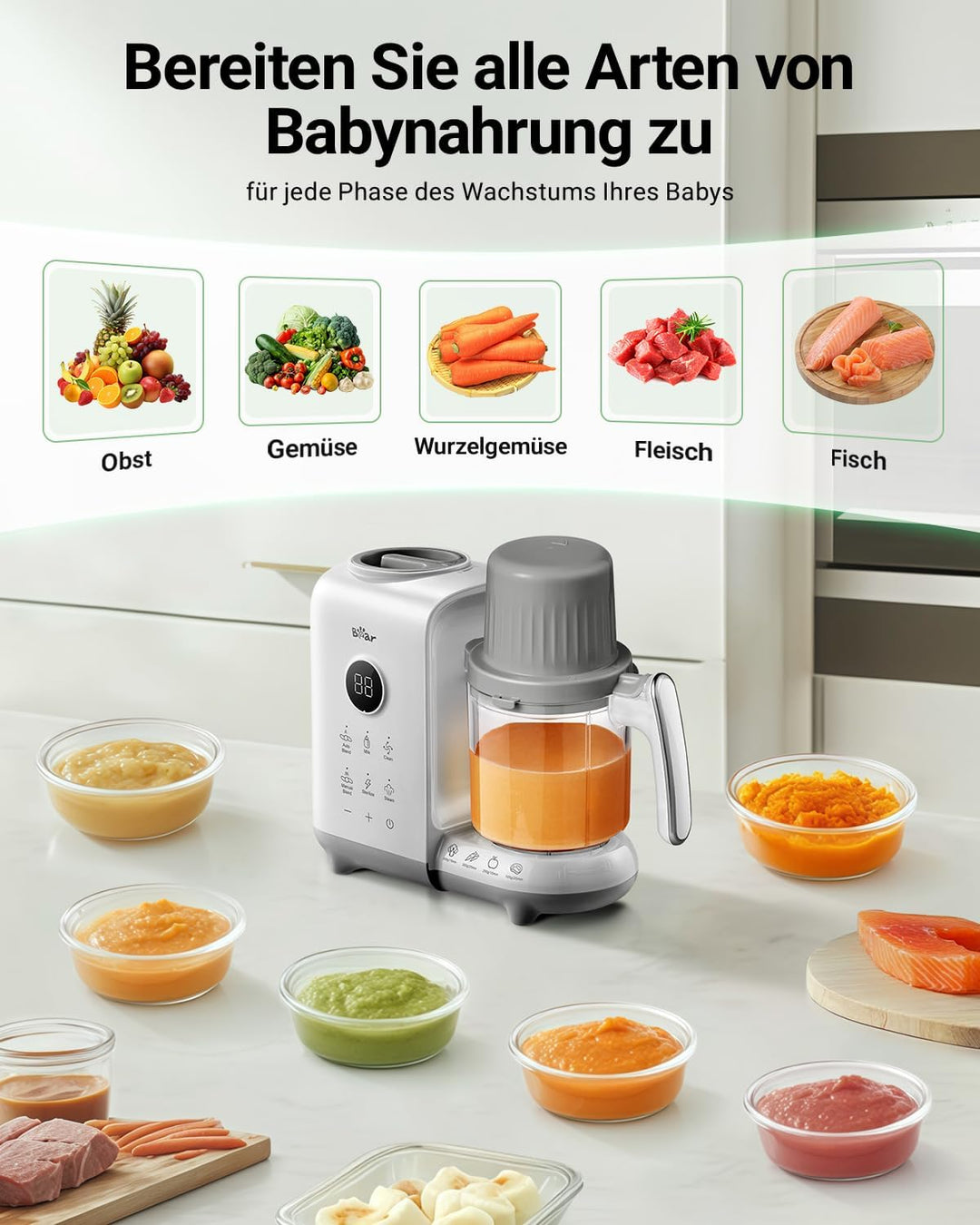 Bear 6-in-1 Dampfgarer mit Mixer Premium Babynahrungszubereiter,Dämpfen, automatisches Rühren, Milch