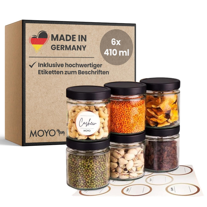 MOYO Vorratsgläser mit Deckel I 6er Set á 410ml I hochwertige Frischhaltedosen Glas I luftdichte Auf