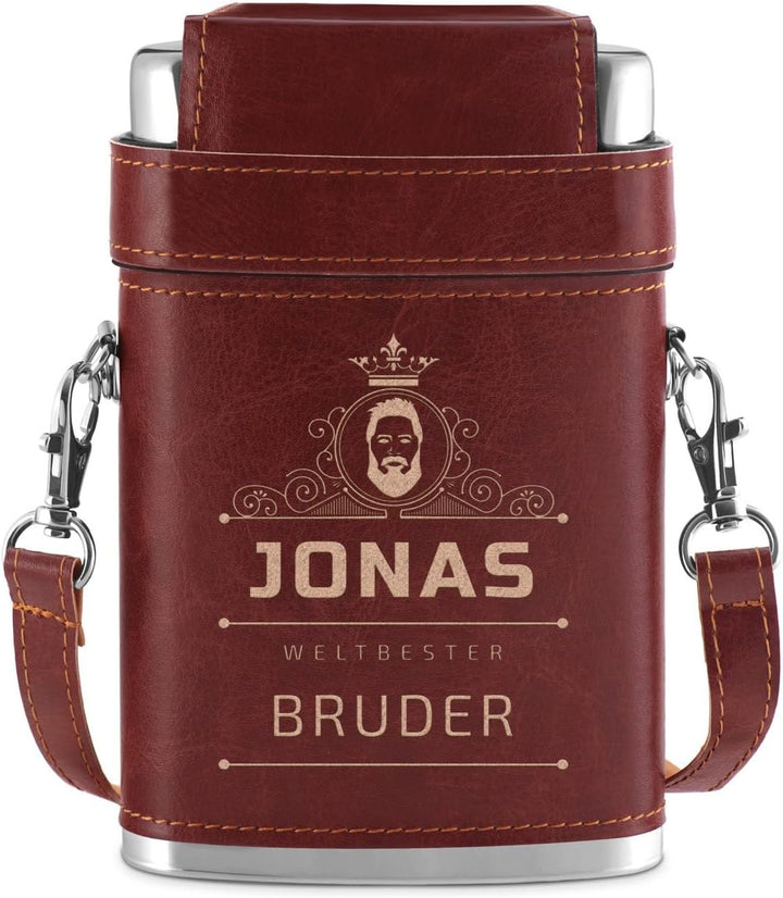 Maverton Flachmann mit Gravur - personalisiert - 250 ml - 3x10 ml Becher - aus Edelstahl - Ledertasc