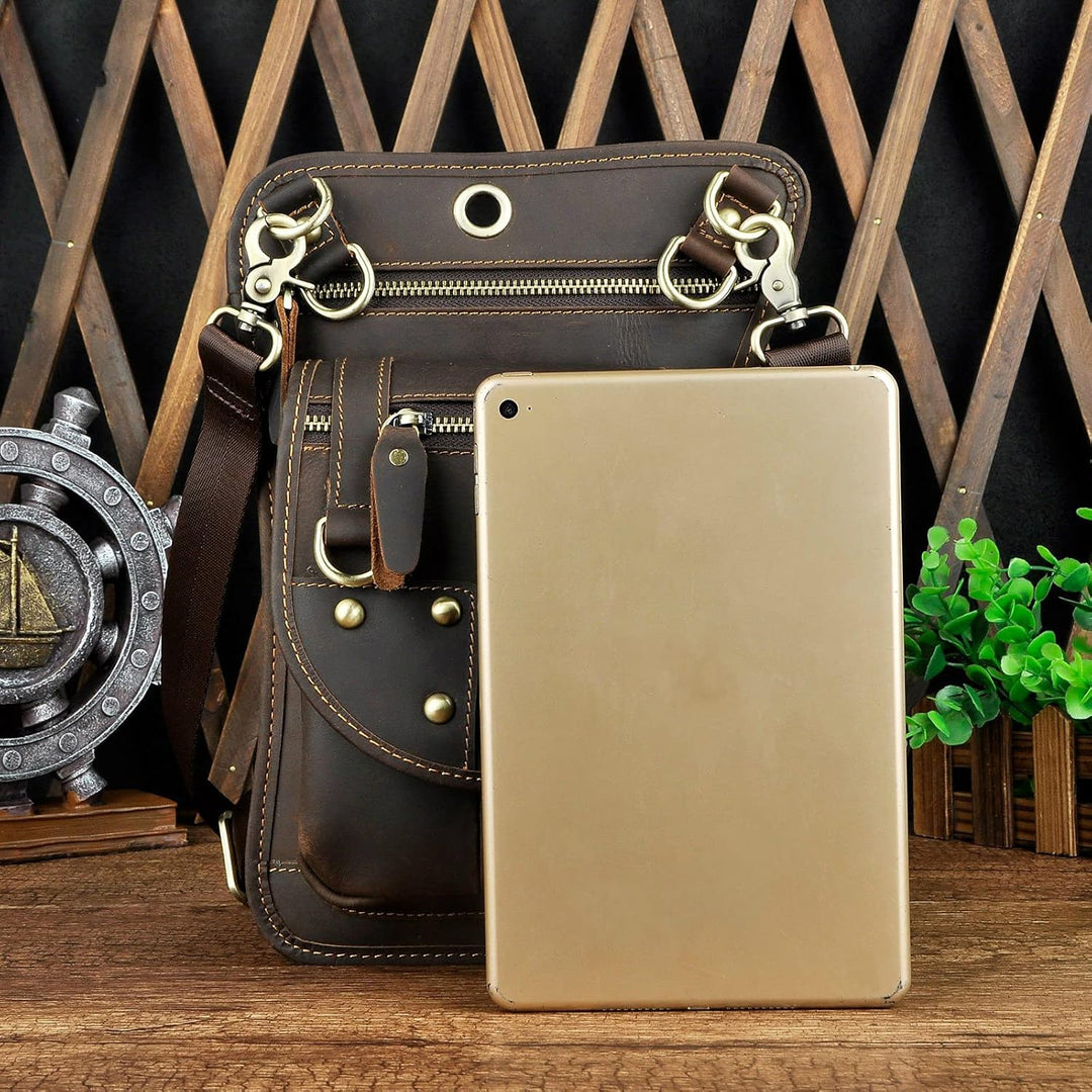 Le'aokuu Herren Echtes Leder Tasche Hüfttasche Beinbeutel Kleines Haken Tasche Messenger Bag