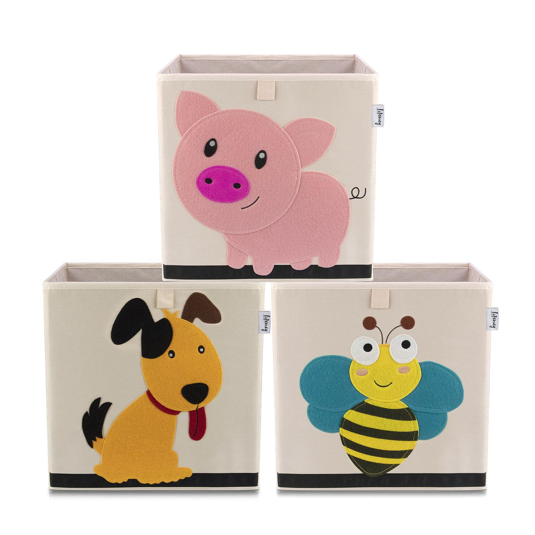 LIFENEY Aufbewahrungsbox im 3er Set Hund, Biene und Schwein I Dreierpack Spielzeugbox mit Tiermotiv