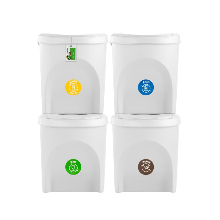 Mülleimer SET Mülltrennsystem 4x25L – Abfalleimer Set mit Deckel und farbigen Aufklebern Recycling B