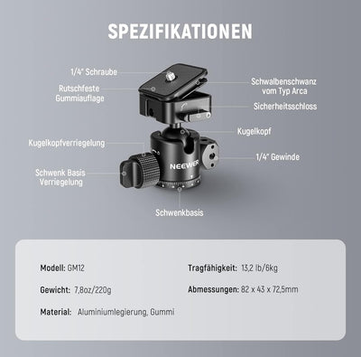 NEEWER Kugelkopf mit vierseitigem Arca Schnellwechselplatten Schlitz, 360° Panorama, 180° Neigung, 4